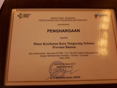 Jumantiker Tangsel melalui Program 1 Rumah 1 Jumatik Meraih Penghargaan